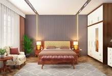 Classic wooden bed design in Gorakhpur with wardrobe and modern interior