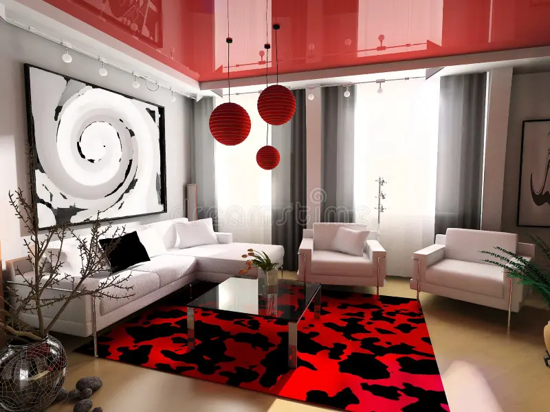 Modern living room interior diagram design in Gorakhpur with red ceiling lights, white sofa set and decorative carpet