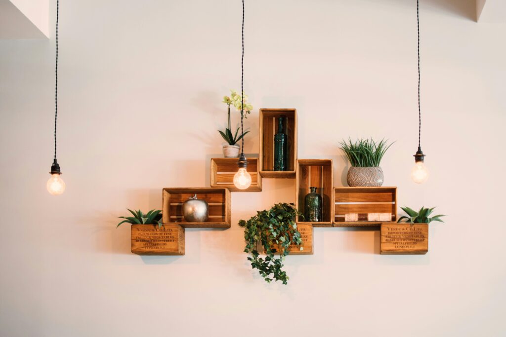 Modern interior wall shelf design with plants and lighting by Gorakhpur Interior World.