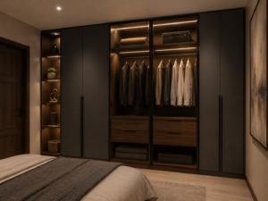 Custom wardrobe design in Deoria bedroom with sliding shutters and open storage