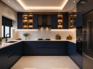 Modern modular kitchen design in Deoria with navy blue cabinets and warm lighting