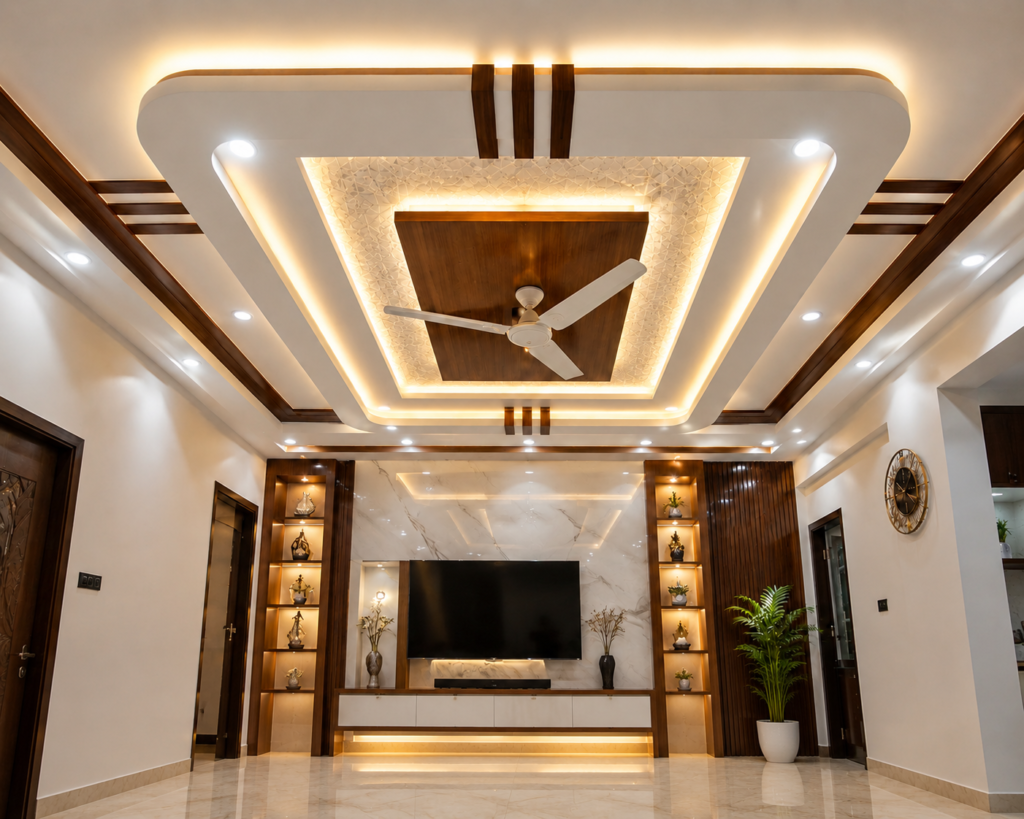 Modern POP and gypsum false ceiling design with LED lighting for a luxury living room by Gorakhpur Interior World.