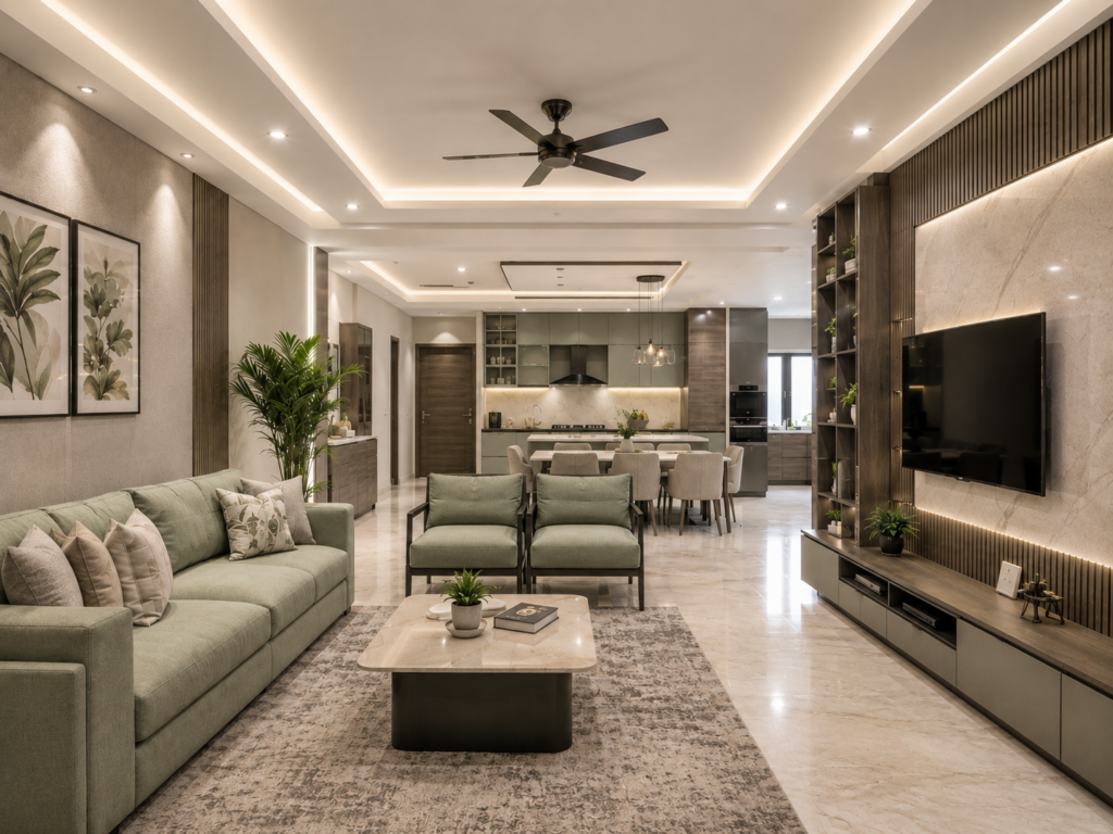 Realistic complete home interior design in Gorakhpur featuring a modern living room, dining area, and modular kitchen in an open-plan layout.
