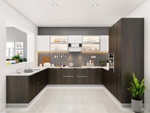 Modern modular kitchen interior design in Kushinagar with stylish cabinets