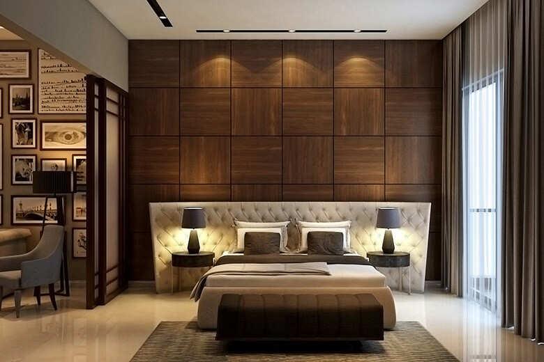Modern luxury bedroom interior design with wooden wall panels, ambient lighting, and contemporary furniture in Lucknow.