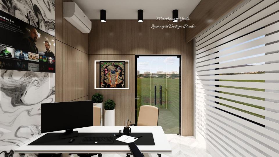 Modern office cabin interior with wooden furniture, decorative ceiling, and professional workspace design.