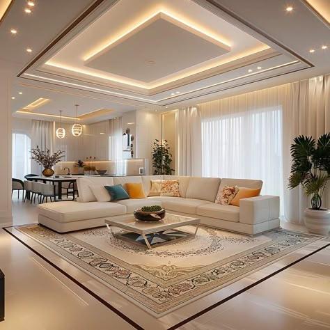 Contemporary living room interior with modern sofa set, false ceiling lighting, and elegant wall decor.