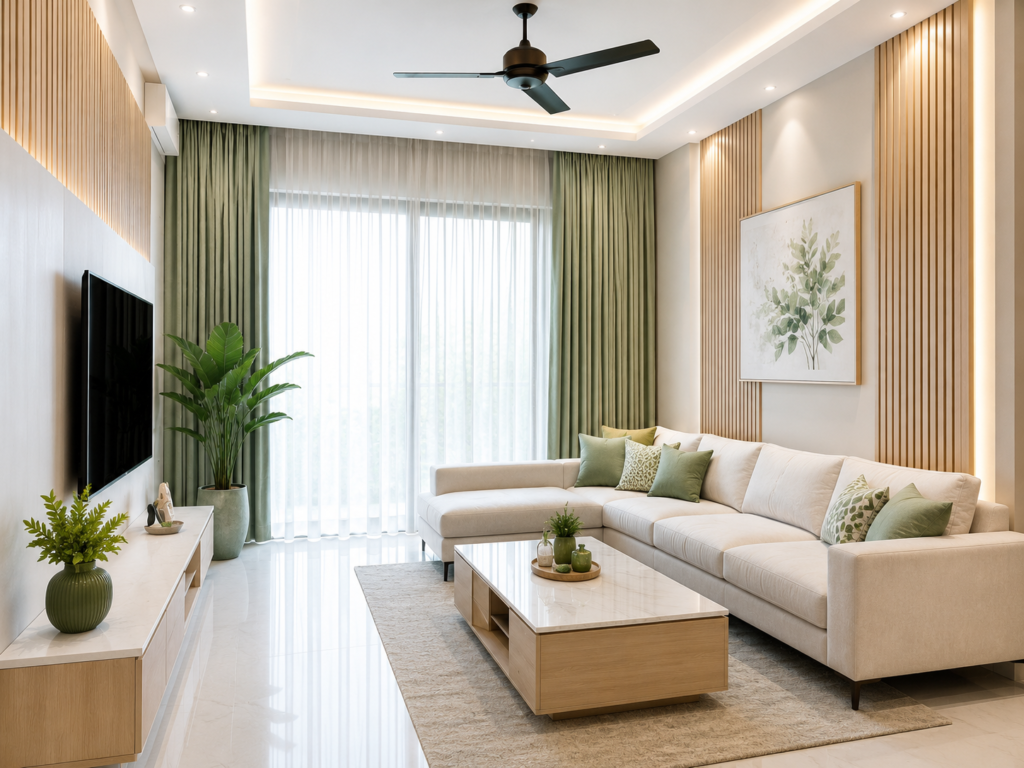Modern living room interior design in Maharajganj with sofa, TV unit, false ceiling and wooden wall panels