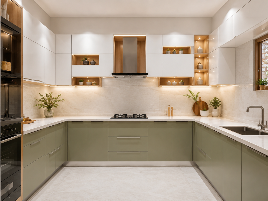 Modular kitchen interior design in Maharajganj with modern cabinets, lighting and smart storage
