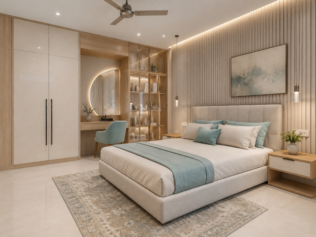 Modern bedroom interior design in Maharajganj with wardrobe, false ceiling, wooden wall and soft lighting