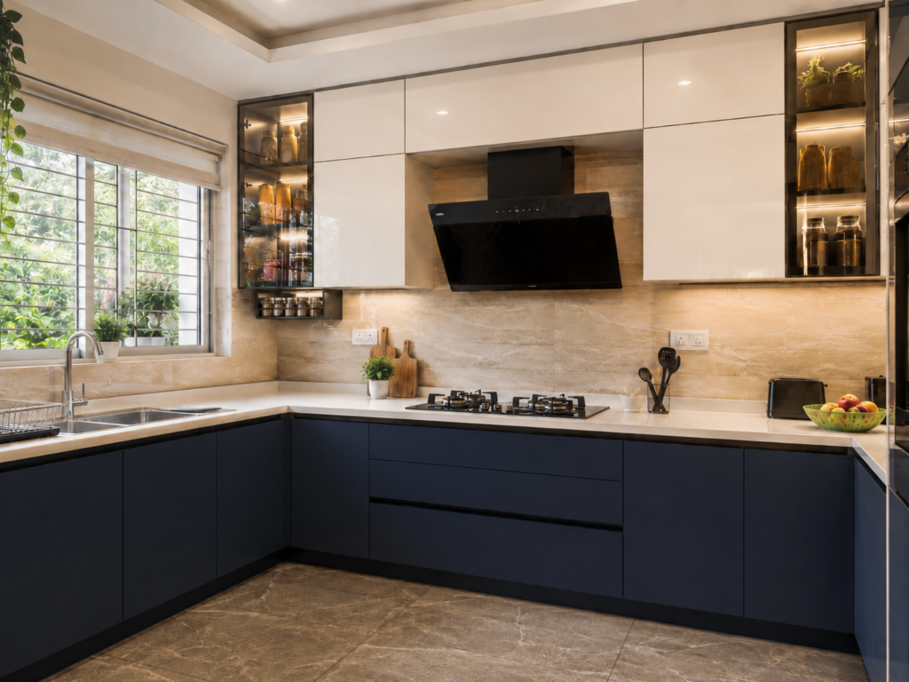 Modern modular kitchen design in Gorakhpur with navy blue cabinets, white countertop, smart storage, chimney, sink, and elegant lighting.