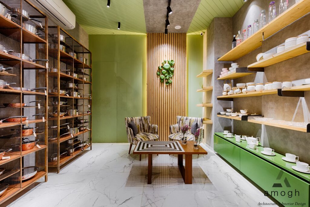 Modern shop interior design in Gorakhpur with wooden shelves, product display racks, and stylish seating area.