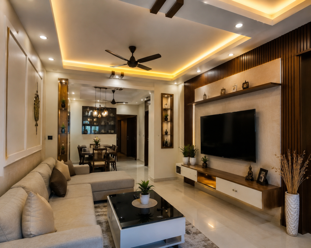 Realistic modern small house interior design with a compact living room, wooden TV unit, sofa, dining area, and warm LED ceiling lighting.