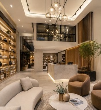 Realistic complete home interior design in Gorakhpur featuring a modern living room, dining area, and modular kitchen in an open-plan layout.