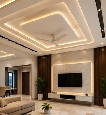 Realistic complete home interior design in Gorakhpur featuring a modern living room, dining area, and modular kitchen in an open-plan layout.
