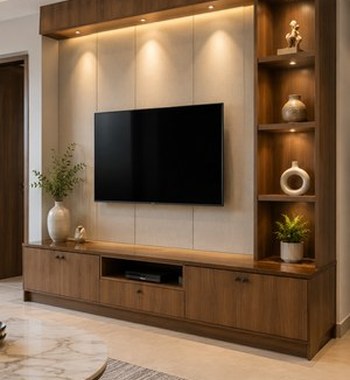 Realistic complete home interior design in Gorakhpur featuring a modern living room, dining area, and modular kitchen in an open-plan layout.