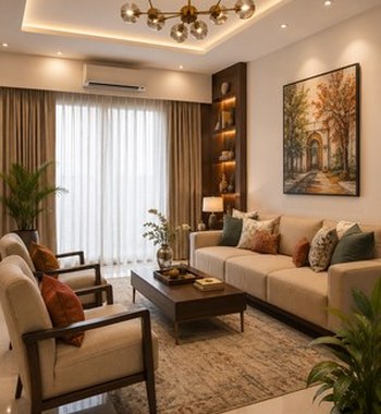 Realistic complete home interior design in Gorakhpur featuring a modern living room, dining area, and modular kitchen in an open-plan layout.