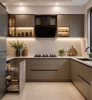 Realistic complete home interior design in Gorakhpur featuring a modern living room, dining area, and modular kitchen in an open-plan layout.