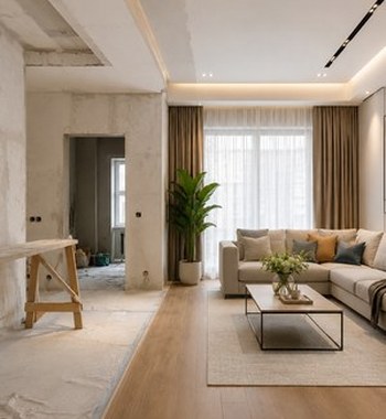 Realistic complete home interior design in Gorakhpur featuring a modern living room, dining area, and modular kitchen in an open-plan layout.